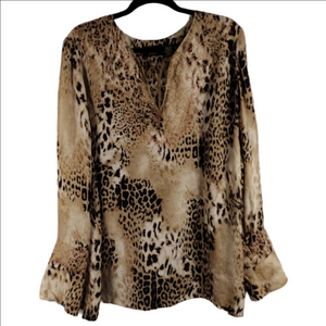 Dana Buchman Silk Tan Embroidered Leopard Print Tie V-Neck Long Sleeve Tunic Top